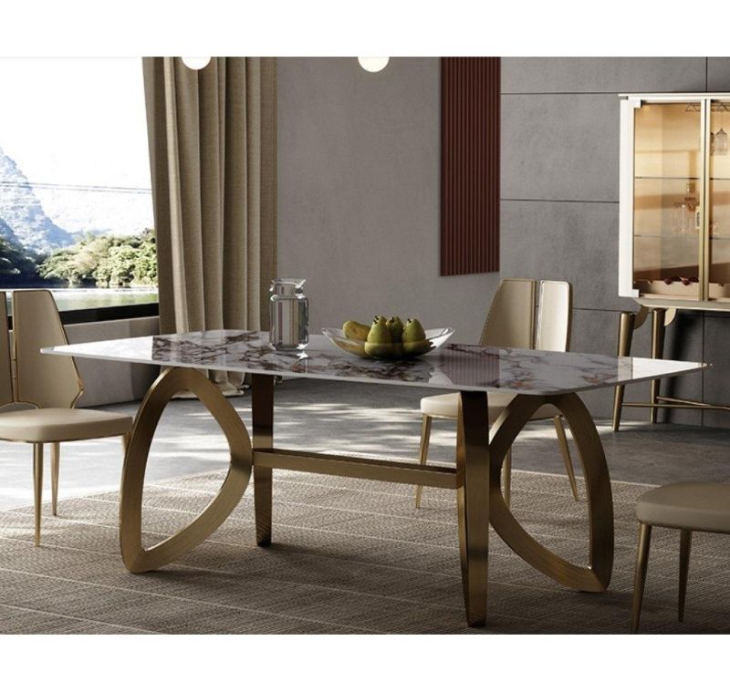 Best Quality Modern New Luxury Italian Natural Marble Top Dining Room Home Furniture Set Stainless Steel Rectangular Dining Tables