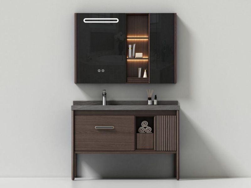Brown Melamine Bath Cabinet with 2 Drawers Mirror Cabinet