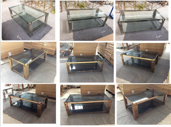 Modern Glass Top Polished Stainless Steel Base Gold Coffee Table/Dining Table