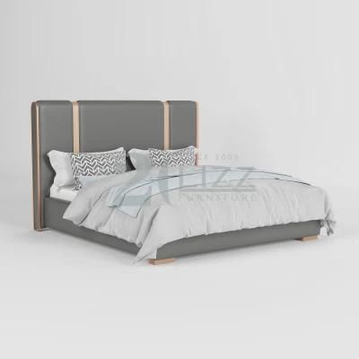 Latest Design Premium Grey Italian Style Geniue Leather Double King Queen Size Upholstered Bedroom Bed