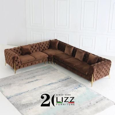 Latest Italian Modern Corner Living Room Home Chesterfield Velvet Fabric Luxurious Sofa Set Wood Furniture
