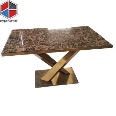 Giallo Fiorito Brown Granite Dining Table with Golden X Shape Stainless Steel Base