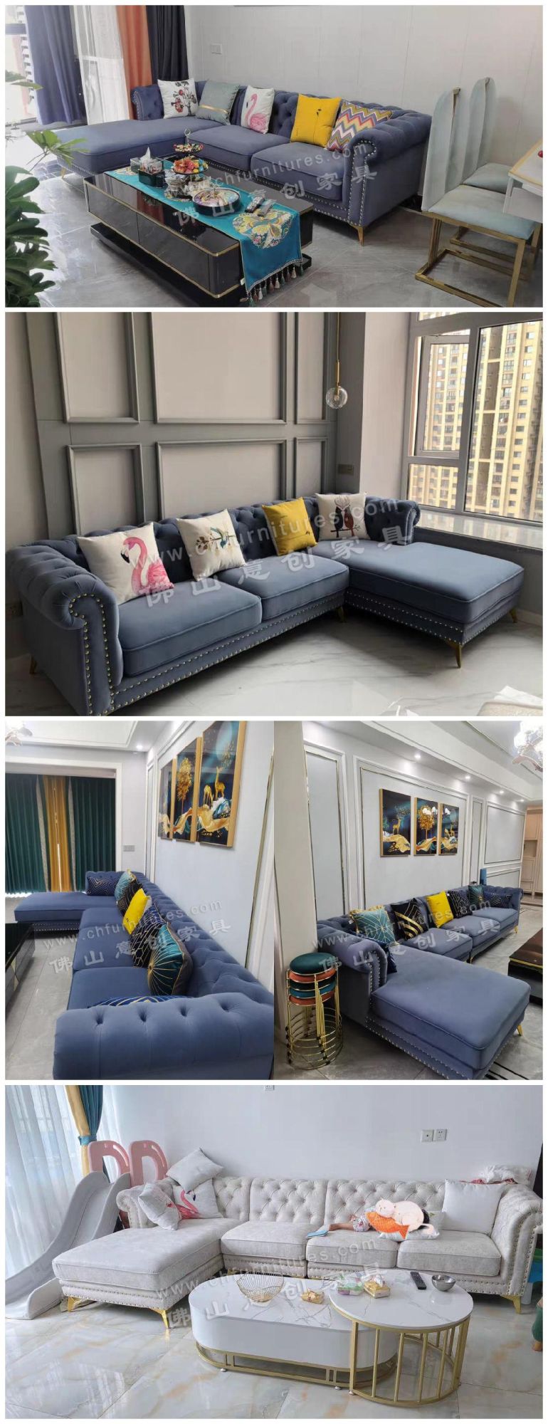 Comfortable Elegant Blue Velvet Fabric Chesterfield Modern Living Room Corner Sofa