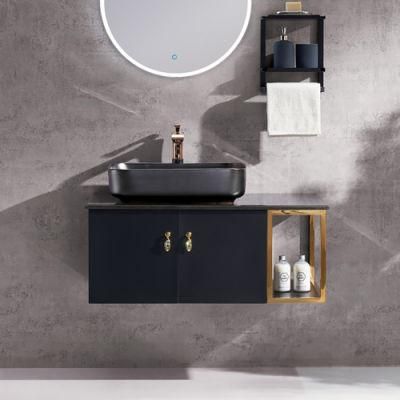 Modern Black Floating Bathroom Vanity with Marble Top Single Ceramic Vessel 2 Doors Shelf