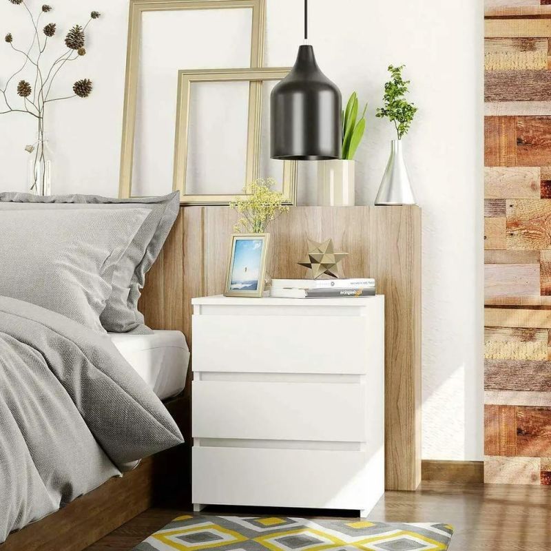 Bedside Table, White Modern 3-Drawer Dresser Nightstand Cabinet Floor Standing Storage Unit End Table for Home Furniture, Bedroom Living Room Accessories