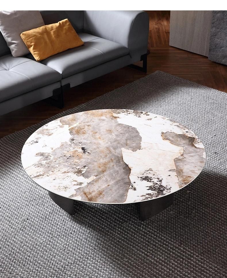 Home Furniture Titanium Round Blue Marble Rock Beam Coffee Table
