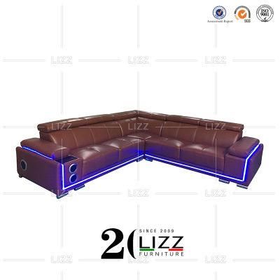 Functional European Style Italian Leather Modern Living Room Luxury Brown Color Sofa with Speaker and LED Light