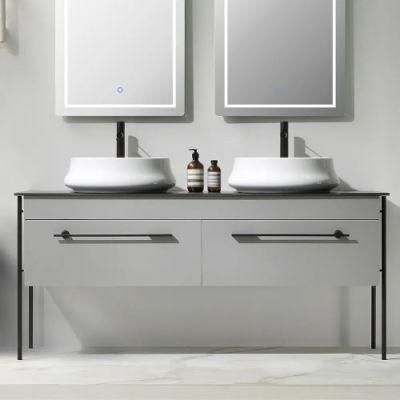 China Factory Wholesale Rock Plate Bathroom Vanity with Double Vessel Sinks 2 Drawers in Gray