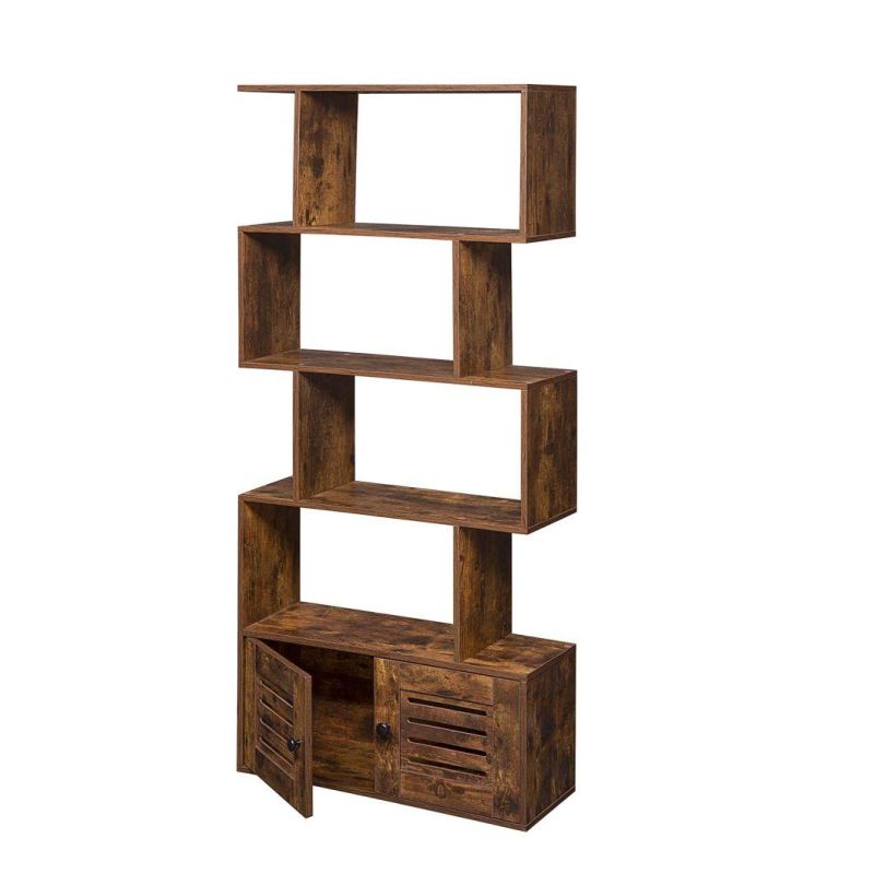 5-Tier Wooden Geometric Bookcase, Bookshelf with Doors, S-Shaped Display Shelf with Cabinet, Freestanding Decorative Storage Shelving for Living Room