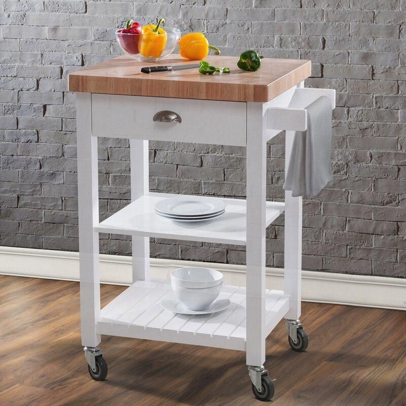 Home Use Rubber Wood Top White Painting Rolling Microwave Kitchen Island Food Cart