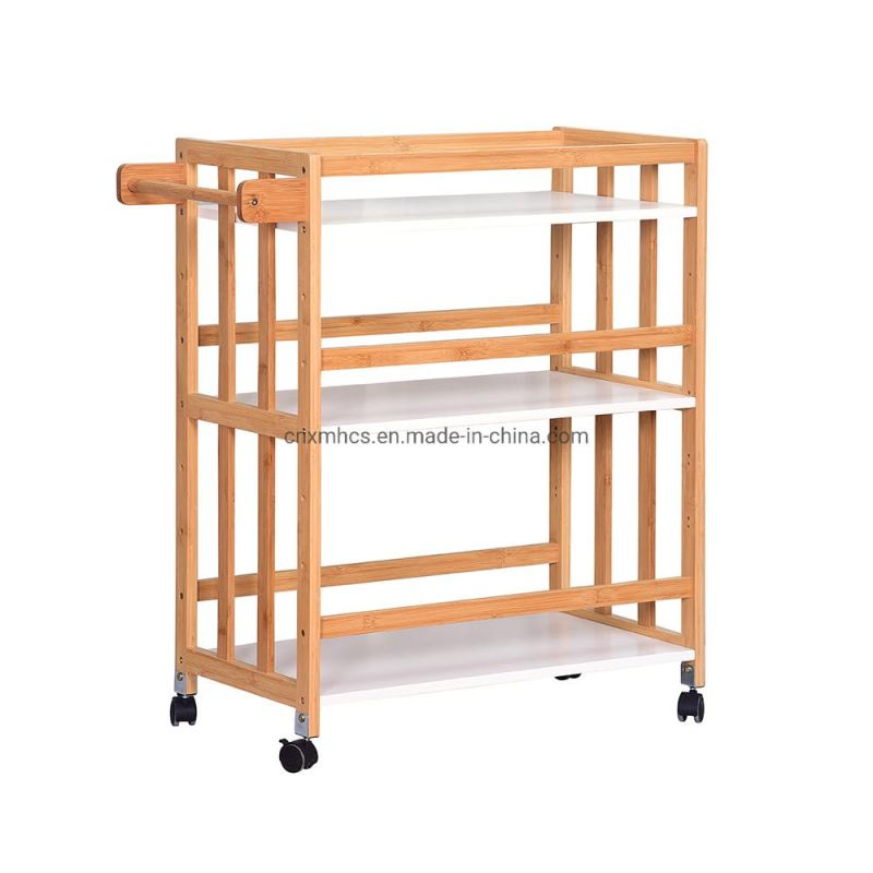 Rolling Natural Bamboo Kitchen Trolley &Storage Cart. 3-Layer Shelves Bamboo Serving Cart for Bar