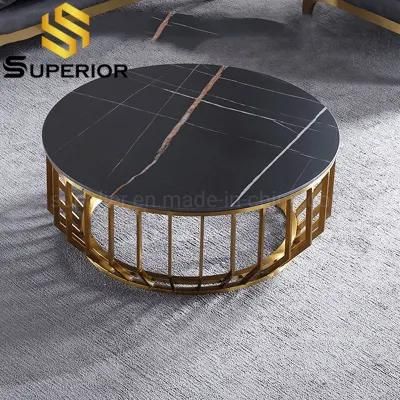 Nordic Modern Round Black Marble Coffee Table for Living Room