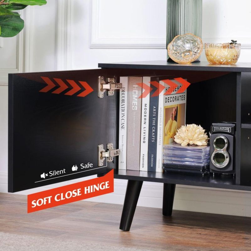 TV Stand for 55/60 Inch TV, Entertainment with Storage Cabinet and Open Shelves, Media Console for Living Room, Gray Oak