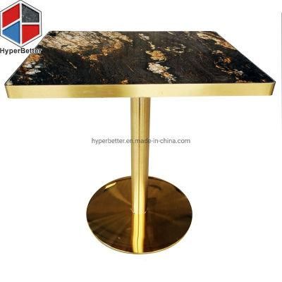 Luxury Square Black Gold Granite Dining Table for Hotel Golden Trim Golden Stainless Steel Base
