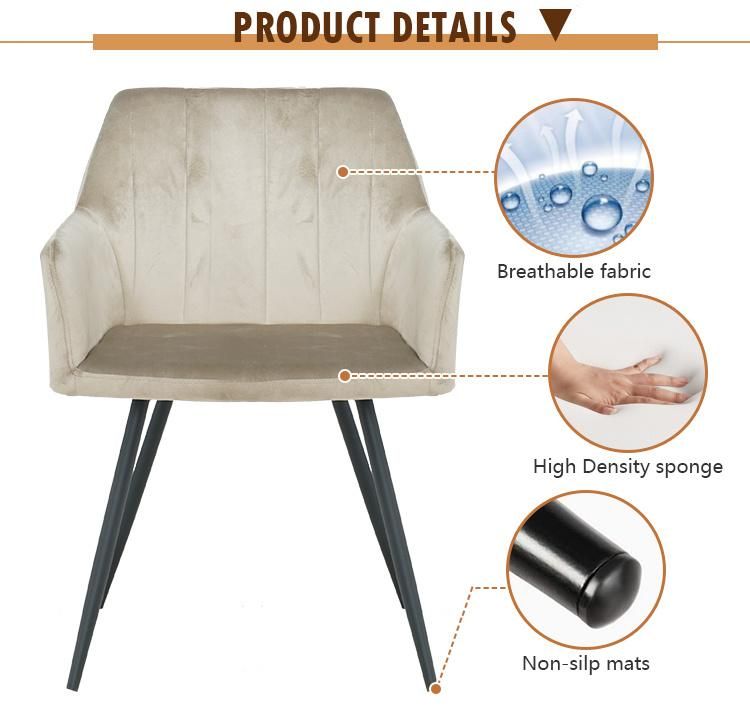 Italian Luxury Modern Designer Beige Velvet Fabric Dining Chair with Armrests