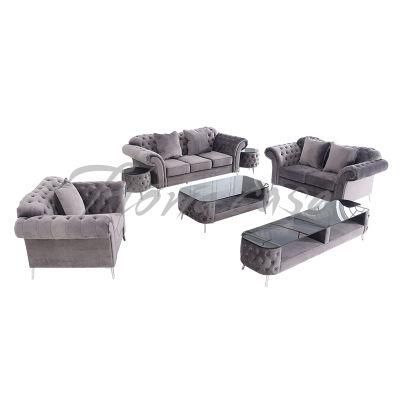 Luxury Home Furniture Modern Fabric Sofa Set Leisure Living Room Velvet Grey Couch with Silver Legs