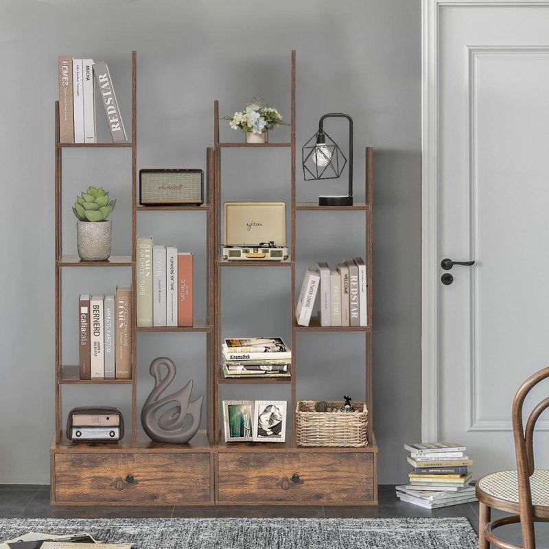 Bookcase with 1 Large Drawer, Tree-Shaped Bookshelf with 7 Storage Shelves, Open Standing Ladder Shelf, Bookshelf for Bedroom, Living Room, Office, Rustic Brown