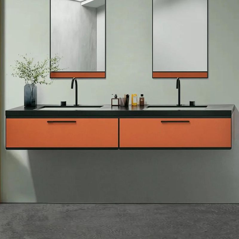 63" Floating Bathroom Vanity Black Top Double Sink with 2 Drawers in Black & Apricot