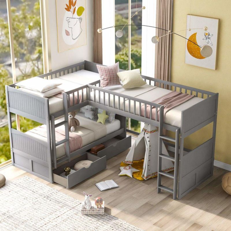 Three Double L Bunk Beds with 2 Drawers and 2 Ladders