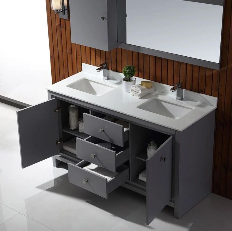 Simple Grey Marble Countertop Solid Wood Bathroom Cabinet