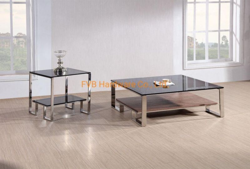 Modern Rectangle Coffee Table Living Room Furniture with Tempered Glass & Veneer Top