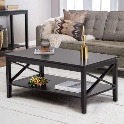 Coffee Table, Black Wood Living Room Table with Shelf, 40 Black