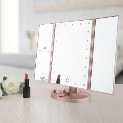 Top-Rank Selling Trifold LED Makeup Dimmable Brightness Wholesale Lighted Makeup Mirror 2X 3X Magnifying Mirror