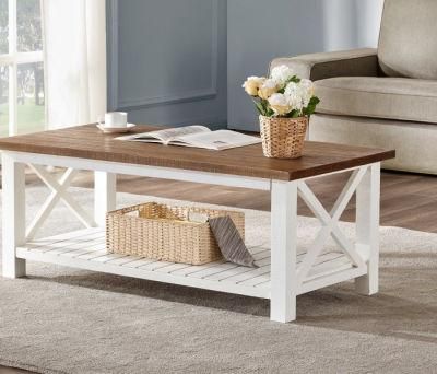 Farmhouse Coffee Table, Wood Rustic Vintage Cocktail Table for Living Room with Shelf