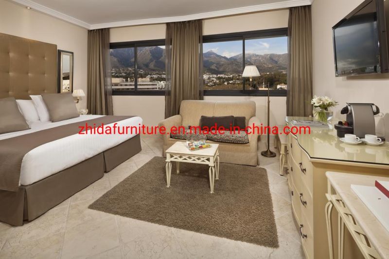 Luxury 5 Star Standard Seaside Hotel Apartment Living Room Villa Bedroom Furniture Wooden King Size Bed with Button Design Headboard for Project