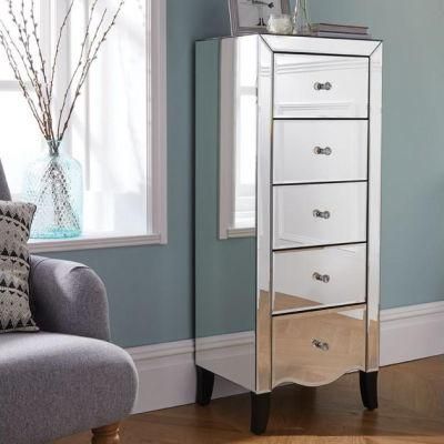 Mirrored 5 Drawers Silver Glass Crystal Handle Nightstand Bedside Table