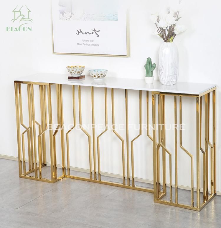 Modern Gold Brush Stainless Steel Console Table with White Marble Top