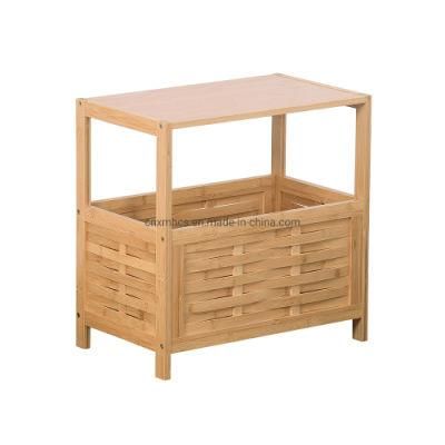 Bamboo Living Room Sofa Side Table with Storage Basket Square Night Stand Bed Side Table