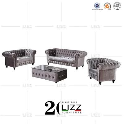 European Solid Wood Home Sofa Furniture Sectional Classic Chesterfiled Velvet Fabric 2 Seater Couces Sofa Set