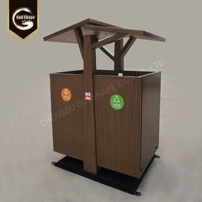 Custom Large Capacity Modern Wood Finish Steel Trash Can for Scenic Area