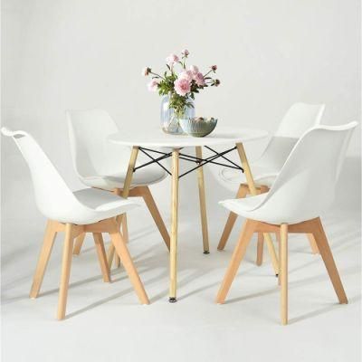 Nordic Design Furniture White MDF Wooden Strong Modern Plastic 4 Chairs Dining Table Set with Beech Leg