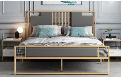 Modern, Simple, Light and Luxurious New Chinese Wrought Iron Bed, Golden Soft Backing Iron Bed Frame, Metal Double Bed