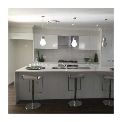 Modern White High Gloss and Oak Color Kitchen Cabinets with Island and Breakfast Bar