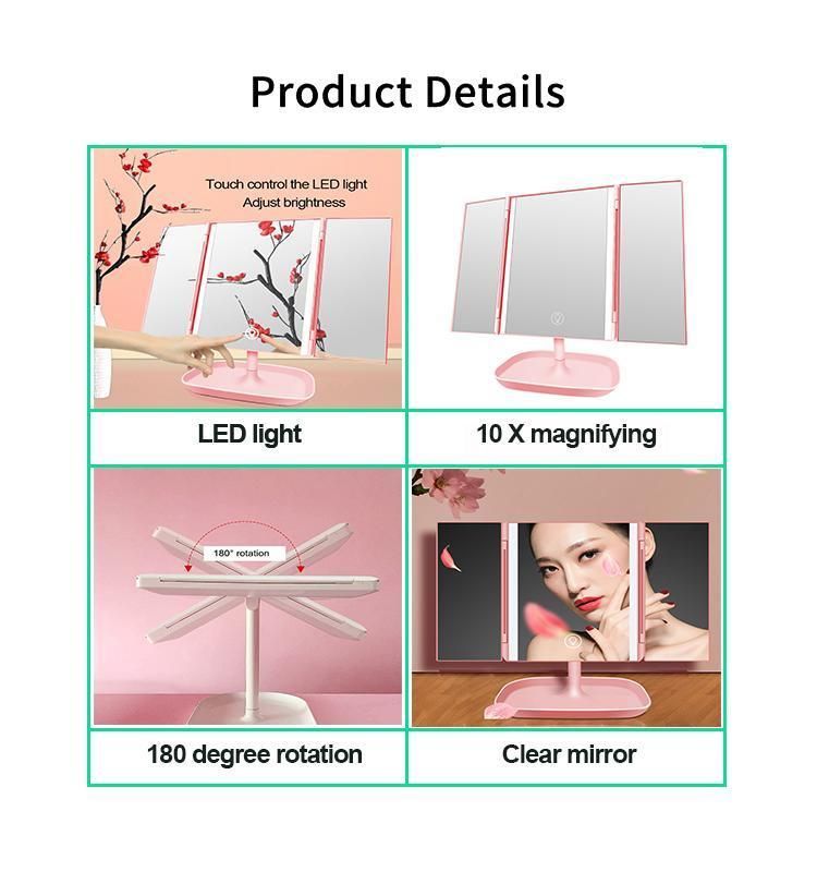 Modern Custom Trifold LED Light Desk Makeup Mirror