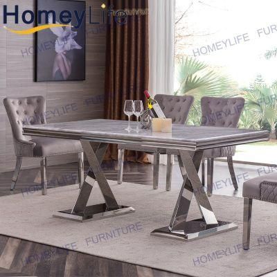 Modern Rectangular Silver and Grey Marble Metal Home Dining Table