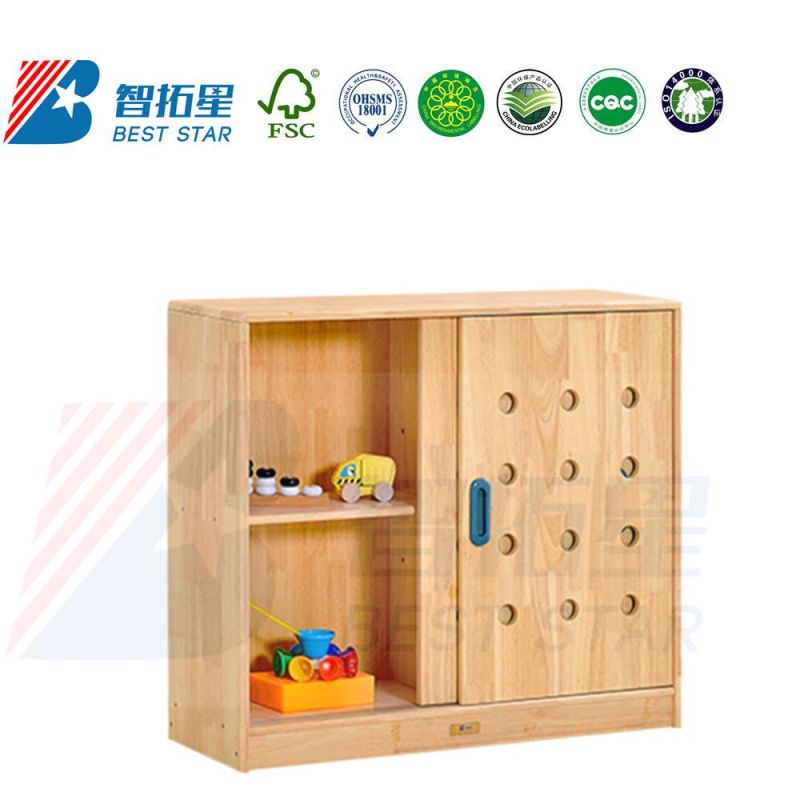 Children Room Furniture, Kindergarten and Nursery School Furniture, Kids Storage Wardrobe Cabinet with Slide Door. Display Wooden Cabinet