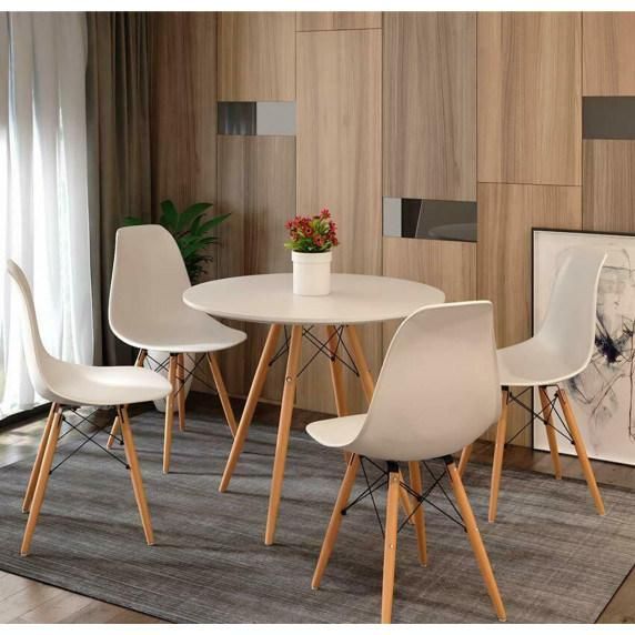 MDF Dining Table White Modern Round Table with Wood Legs for Kitchen Living Room Leisure Coffee Table