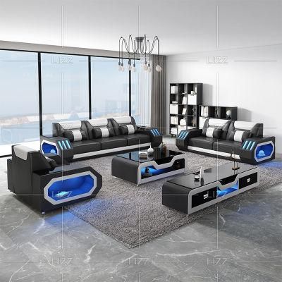 New American Style High Quality LED Light Real Italian Leather Sofa Leisure Home Living Room Furniture