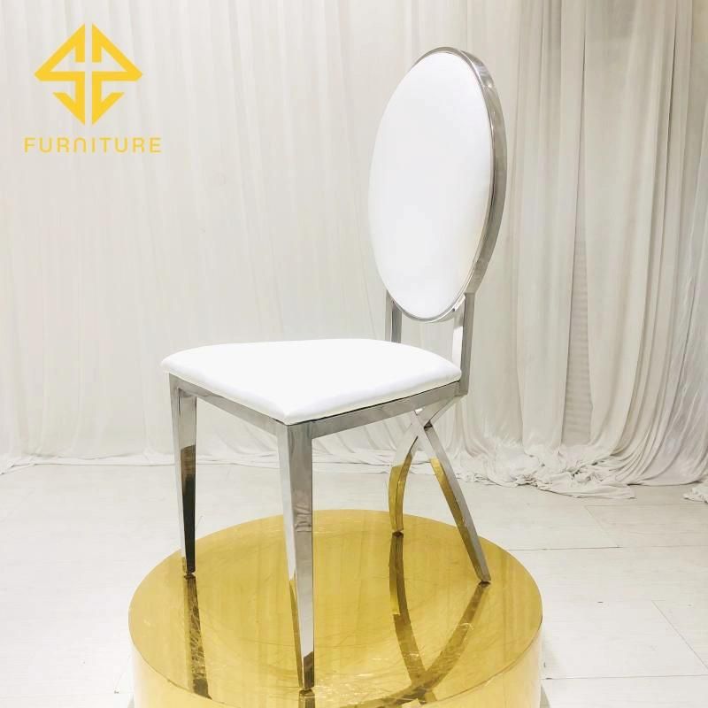 2021 Hot Selling White Waterproof Leather Stainless Steel Furniture Silver Cross Foot Stainless Steel Wedding Banquet Chair