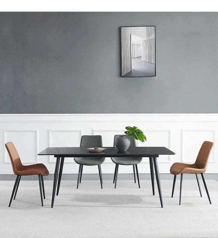 Home Restaurant Furniture Tempered Glass Faux Marble Table Top Coated Steel Tube Leg Dining Table