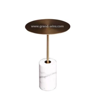 Modern Marble Leg Stainless Top Round Side End Table for Living Room Sofa
