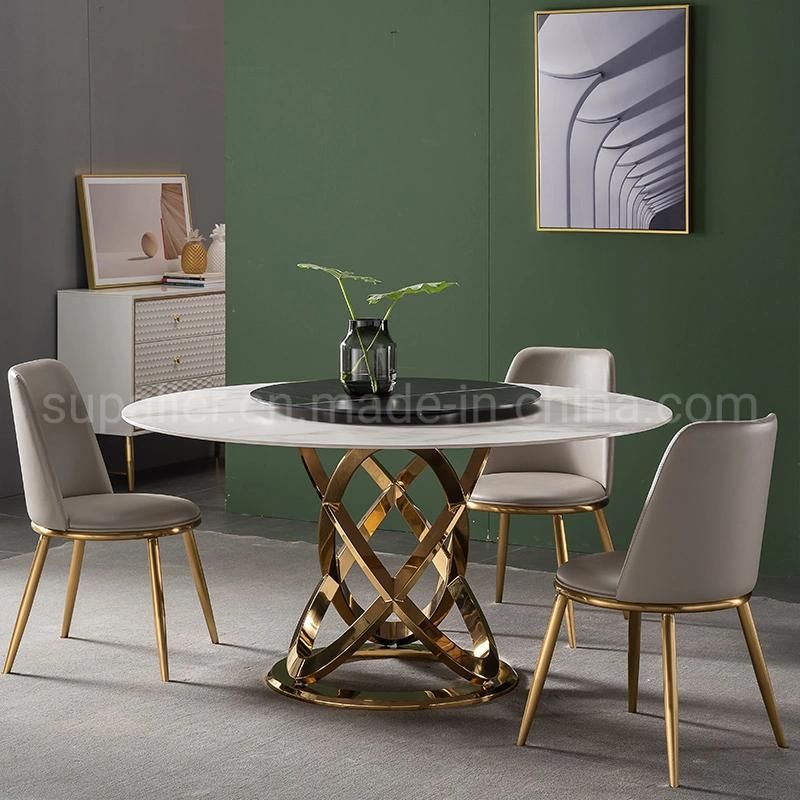 European Style Round Rotating Marble Dining Table Gold Metal Base