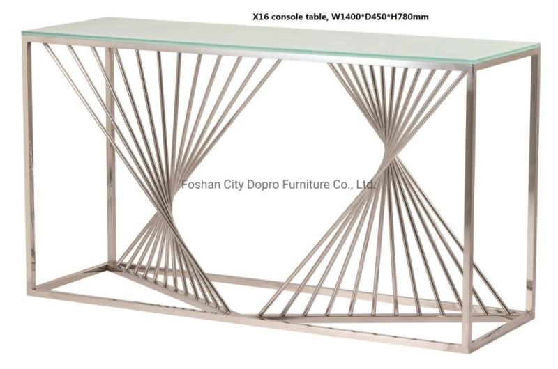 Dopro Simple Style Stainless Steel Polished Titanium Gold Colour Console Table X16 with White Tempered Glass