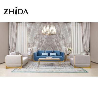 Zhida Home Furniture Italian Design Luxury Style Couch Set Living Room Velvet Fabric 3 2 1 Seaters Sofa with Gold Metal Leg