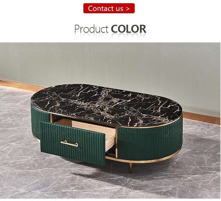 Modern Storage Leather Cover Tea Table TV Cabinet Gold Stainless Steel Leg Marble Top Coffee Tables