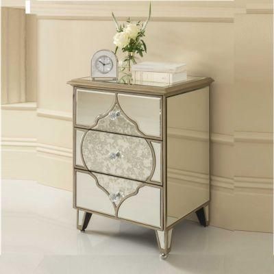 Handmade Vintage Mirrored Night Stand Bedside Table with 3 Drawers